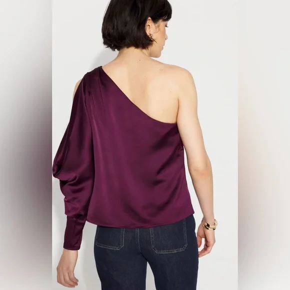 White House Black Market One-Shoulder Satin Blouse 
Rich Plum - NWT - Picture 4 of 8